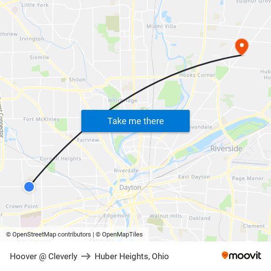 Hoover @ Cleverly to Huber Heights, Ohio map