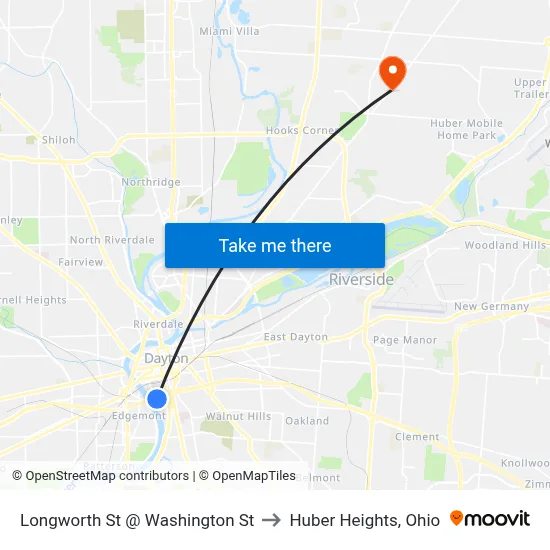 Longworth St @ Washington St to Huber Heights, Ohio map