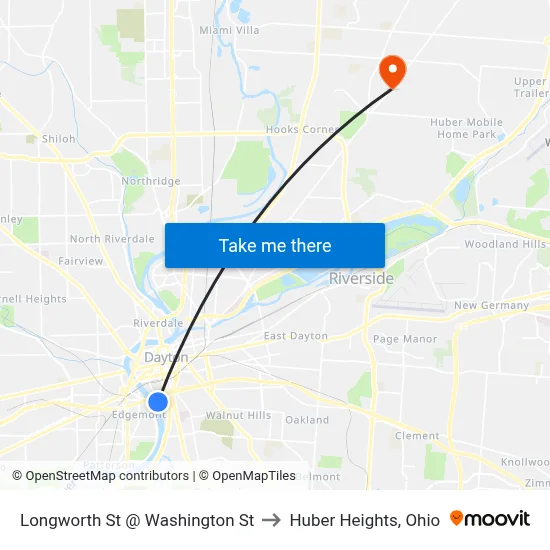 Longworth St @ Washington St to Huber Heights, Ohio map