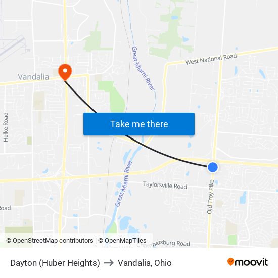 Dayton (Huber Heights) to Vandalia, Ohio map