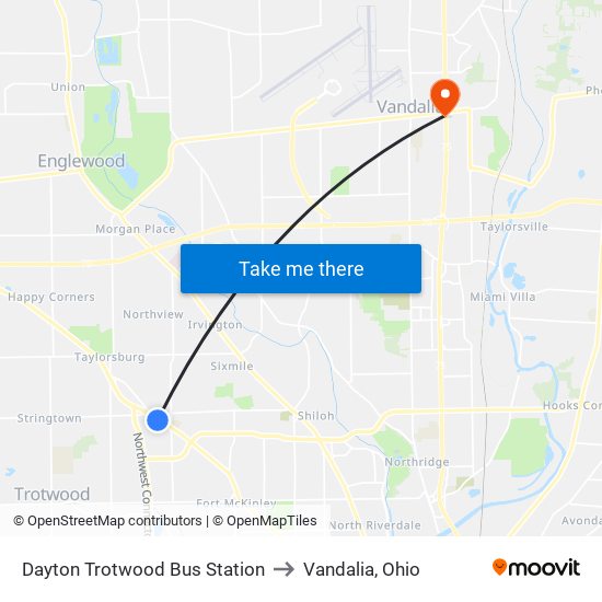 Dayton Trotwood Bus Station to Vandalia, Ohio map