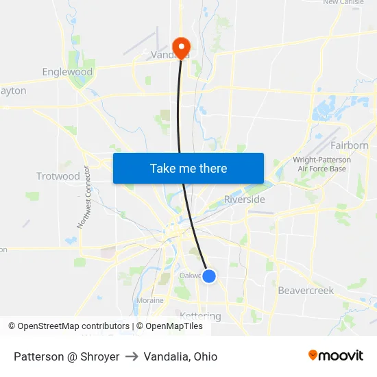 Patterson @ Shroyer to Vandalia, Ohio map