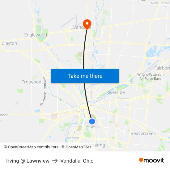 Irving @ Lawnview to Vandalia, Ohio map