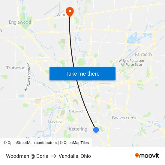 Woodman @ Doris to Vandalia, Ohio map