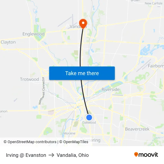Irving @ Evanston to Vandalia, Ohio map