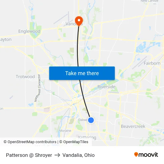 Patterson @ Shroyer to Vandalia, Ohio map