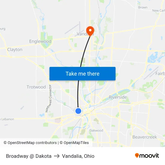 Broadway @ Dakota to Vandalia, Ohio map