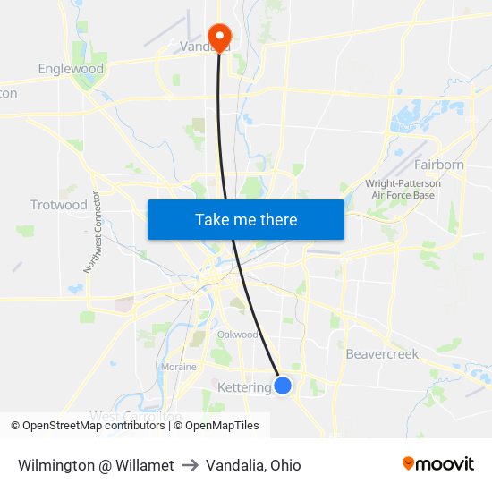 Wilmington @ Willamet to Vandalia, Ohio map