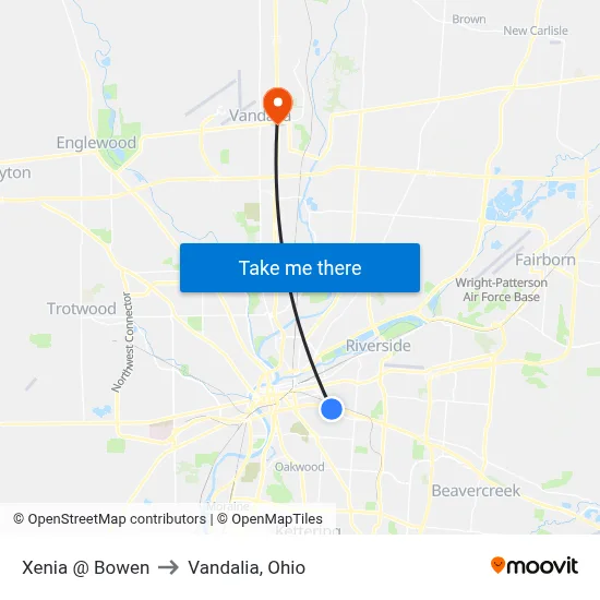 Xenia @ Bowen to Vandalia, Ohio map