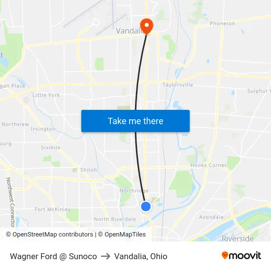 Wagner Ford @ Sunoco to Vandalia, Ohio map