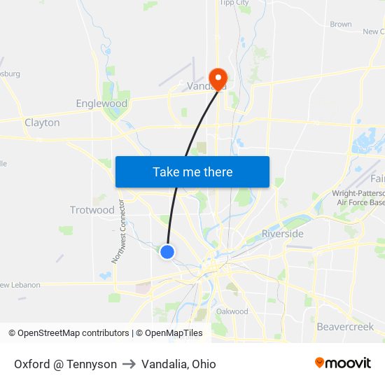 Oxford @ Tennyson to Vandalia, Ohio map