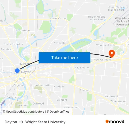 Dayton to Wright State University map