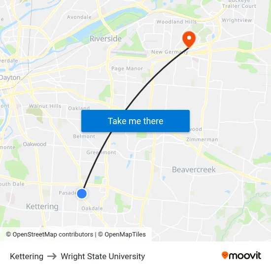 Kettering to Wright State University map