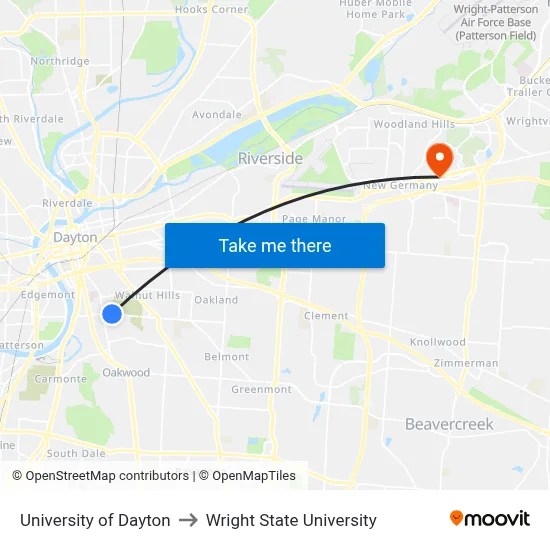 University of Dayton to Wright State University map