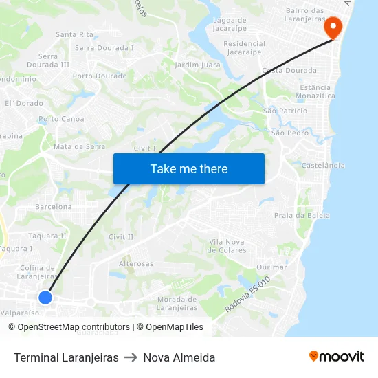 Terminal Laranjeiras to Nova Almeida map