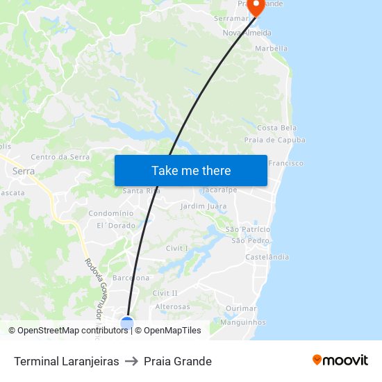 Terminal Laranjeiras to Praia Grande map