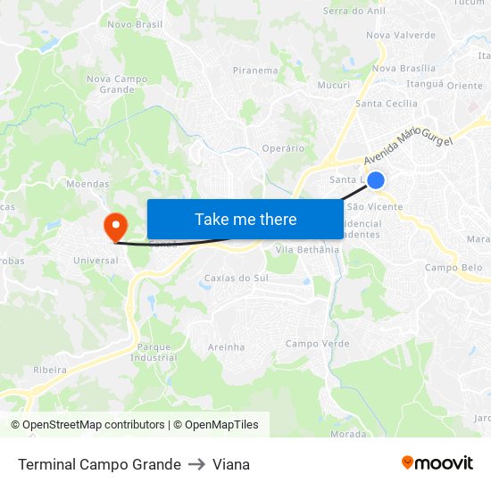 Terminal Campo Grande to Viana map