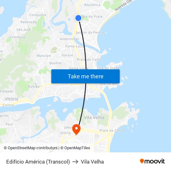 Edifício América (Transcol) to Vila Velha map