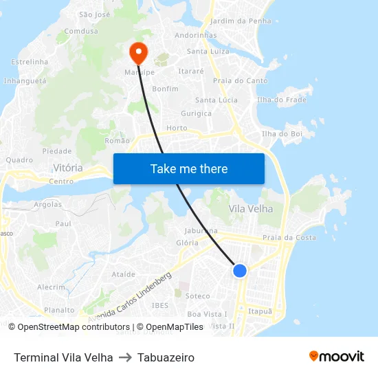 Terminal Vila Velha to Tabuazeiro map