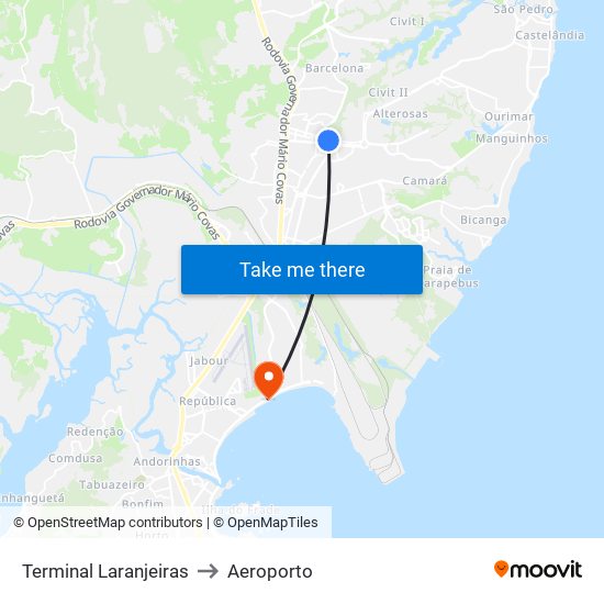 Terminal Laranjeiras to Aeroporto map