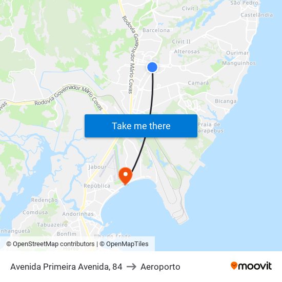 Avenida Primeira Avenida, 84 to Aeroporto map