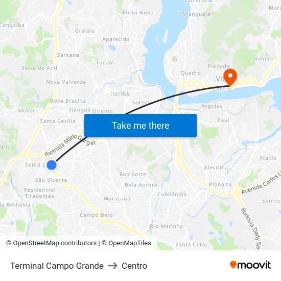 Terminal Campo Grande to Centro map