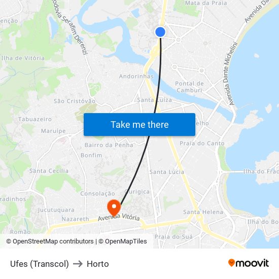 Ufes (Transcol) to Horto map