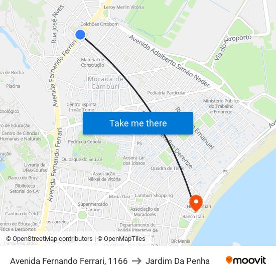 Avenida Fernando Ferrari, 1166 to Jardim Da Penha map