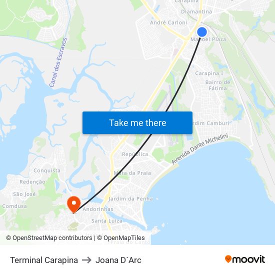 Terminal Carapina to Joana D´Arc map