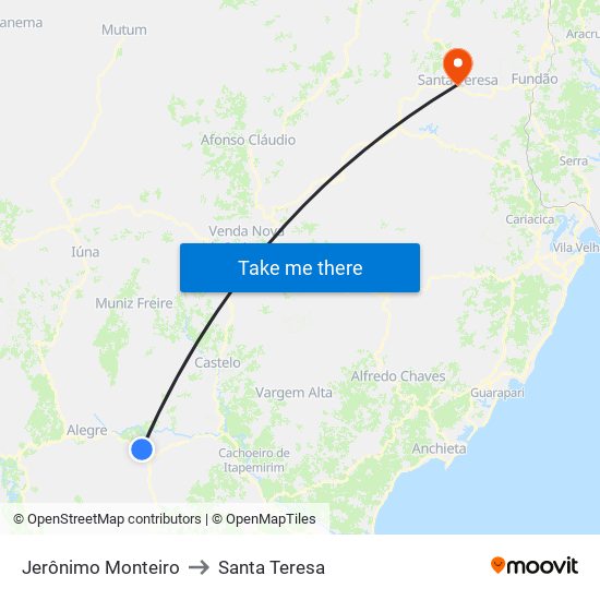 Jerônimo Monteiro to Santa Teresa map