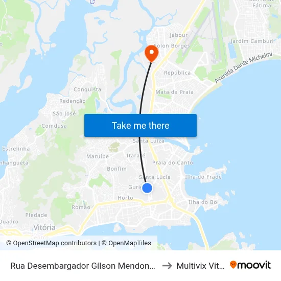 Rua Desembargador Gílson Mendonça, 1280 to Multivix Vitória map