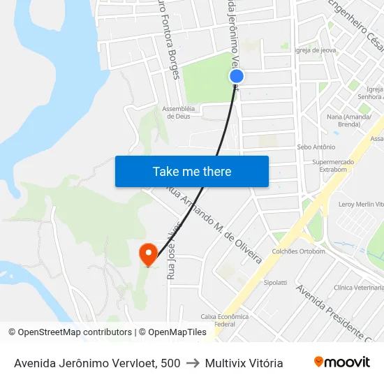Avenida Jerônimo Vervloet, 500 to Multivix Vitória map