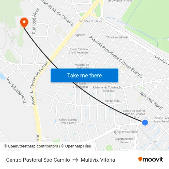 Centro Pastoral São Camilo to Multivix Vitória map
