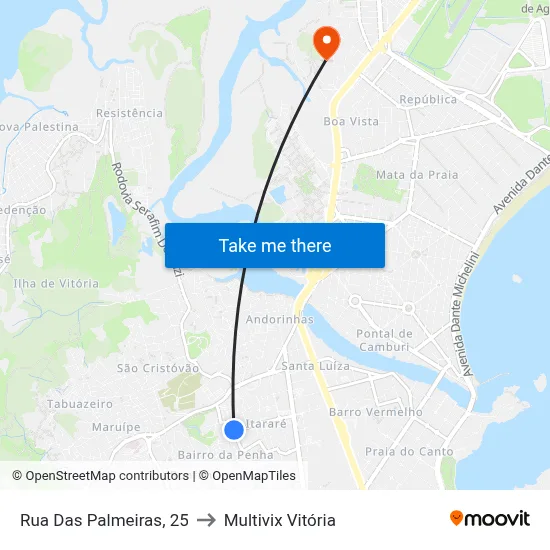 Rua Das Palmeiras, 25 to Multivix Vitória map