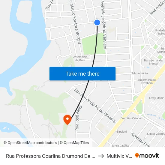 Rua Professora Ocarlina Drumond De Carvalho, 241 to Multivix Vitória map
