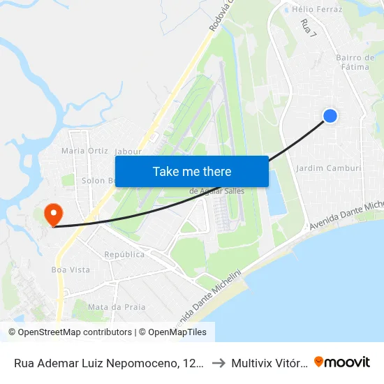Rua Ademar Luiz Nepomoceno, 1213 to Multivix Vitória map