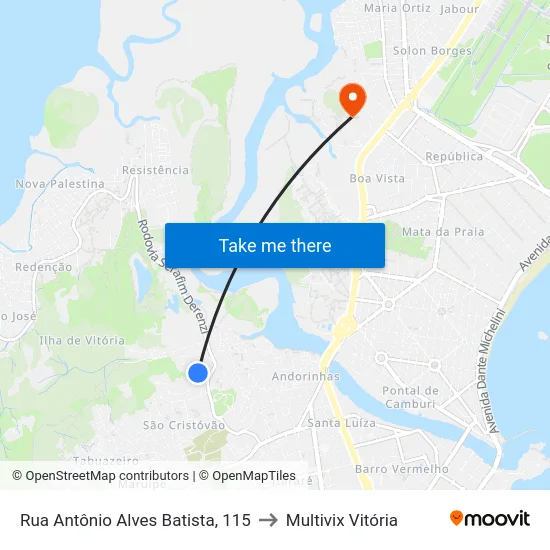 Rua Antônio Alves Batista, 115 to Multivix Vitória map