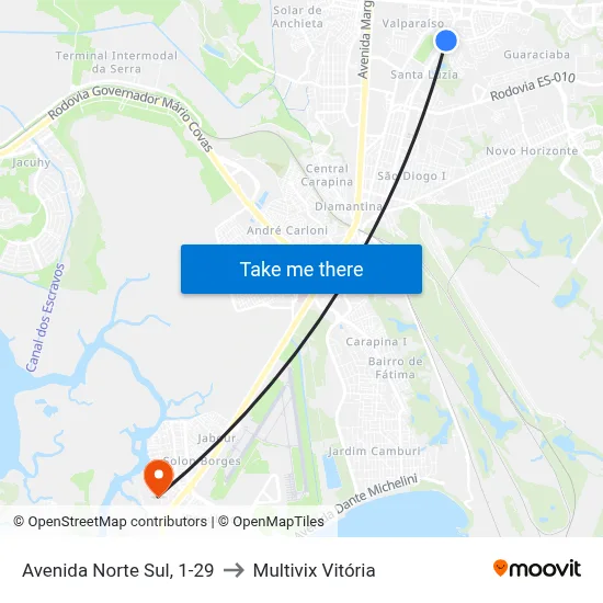 Avenida Norte Sul, 1-29 to Multivix Vitória map