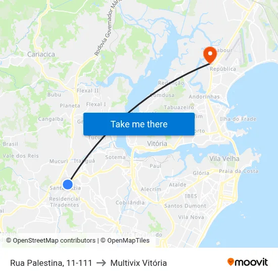 Rua Palestina, 11-111 to Multivix Vitória map