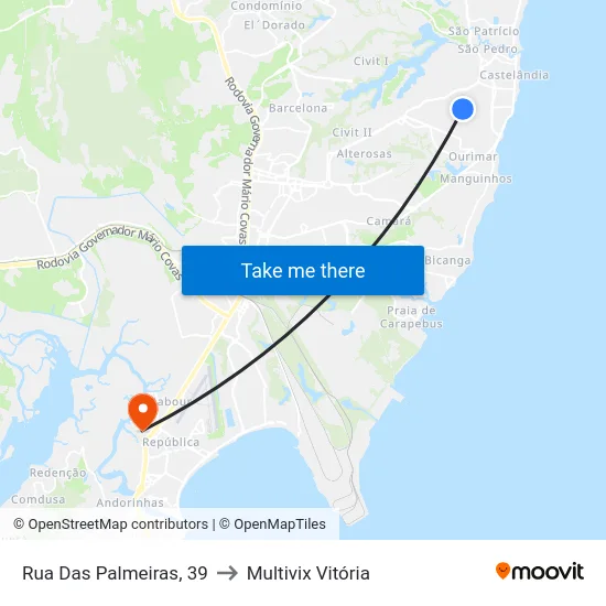 Rua Das Palmeiras, 39 to Multivix Vitória map