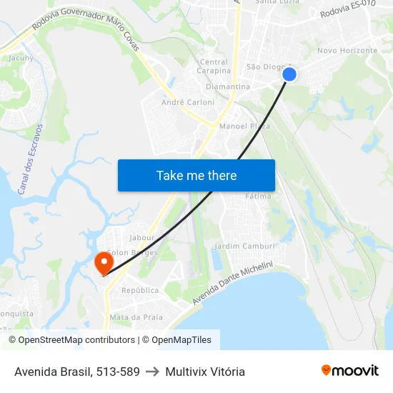 Avenida Brasil, 513-589 to Multivix Vitória map