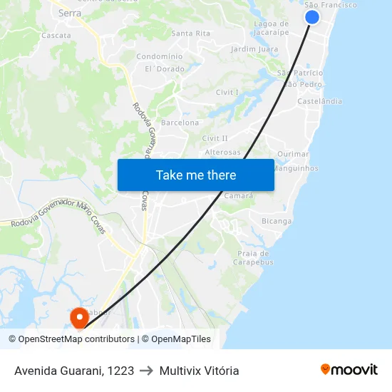 Avenida Guarani, 1223 to Multivix Vitória map