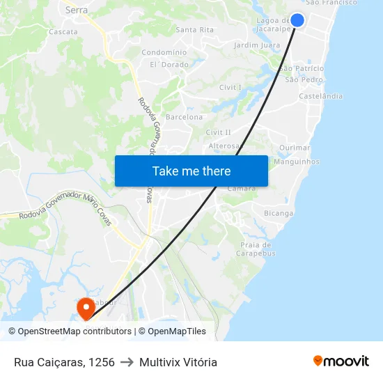 Rua Caiçaras, 1256 to Multivix Vitória map