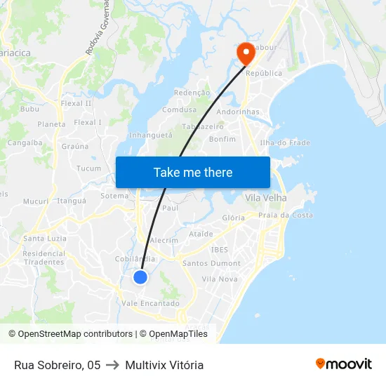 Rua Sobreiro, 05 to Multivix Vitória map