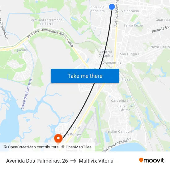Avenida Das Palmeiras, 26 to Multivix Vitória map