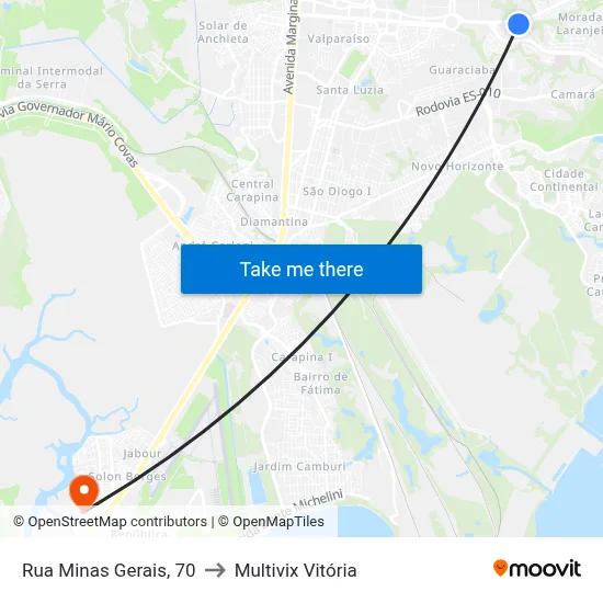 Rua Minas Gerais, 70 to Multivix Vitória map