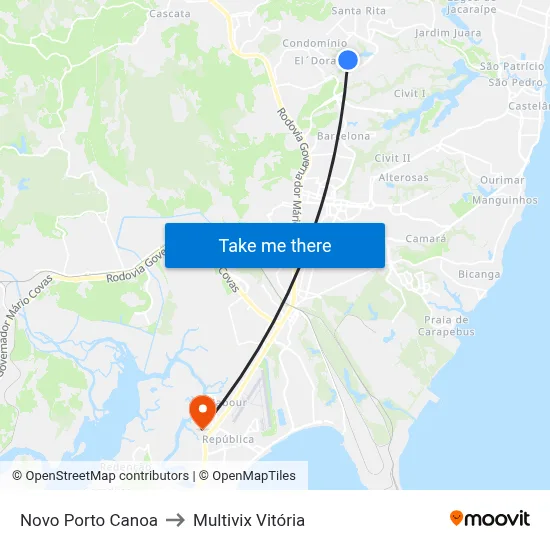 Novo Porto Canoa to Multivix Vitória map