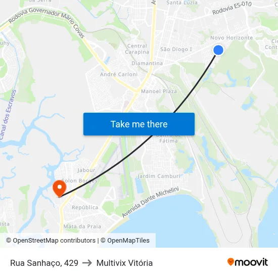 Rua Sanhaço, 429 to Multivix Vitória map