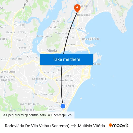 Rodoviária De Vila Velha (Sanremo) to Multivix Vitória map