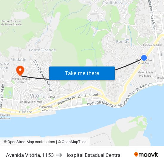 Avenida Vitória, 1153 to Hospital Estadual Central map